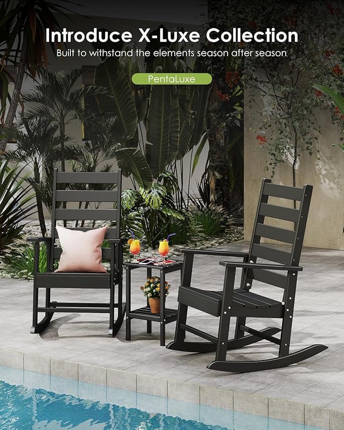 GREENVINES Outdoor-Rocking-Chair | HDPE Plastic | Patio Rockers | Porch Rocker Chairs | Shaker | Oversized | High Ladder Back | Big &amp Tall | PentaLuxe | Black