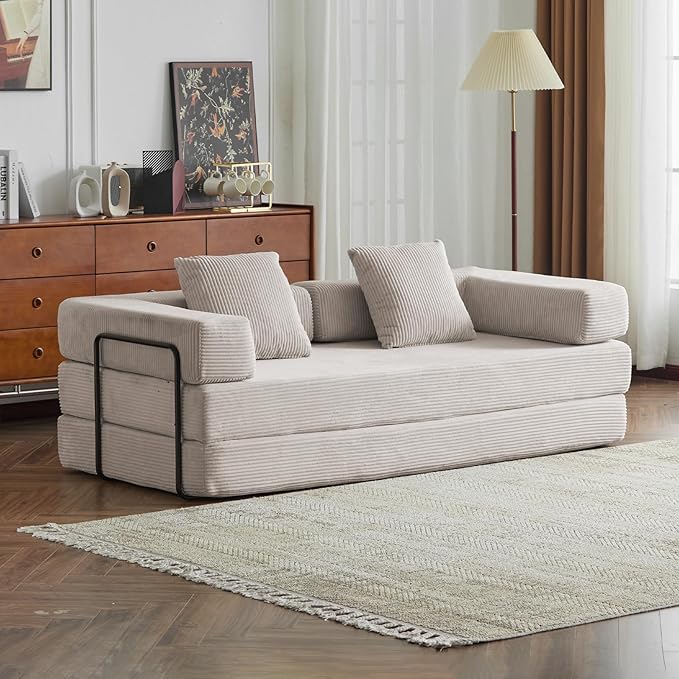 Folding Sofa Bed Modular Sectional Cloud Couch Convertible Sleeper Sofa Bed with Pillow Back Support Armrest for Living Room Bedroom Lounge No Assembly Required Corduroy (Beige)