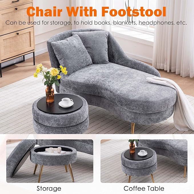 Chaise Lounge Chair Indoor Chenille Upholstered Chair with Left Armrest &amp Pillow Modern Lounge Chairs Sofa with Footstool for Living Room Bedroom Office (Grey)