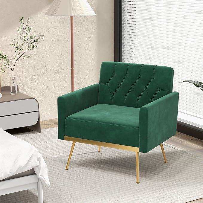 KOMFOTT Velvet Accent Chairs Set of 2 Modern Tufted Arm Chair with Golden Metal Legs &amp Adjustable Foot Pads Upholstered Sofa Chair Reading Chair for Bedroom Comfy Living Room Chairs Green