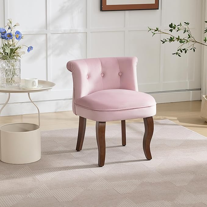 Velvet Tufted Vanity Chair with Back Upholstered Mid Century Vanity Stool with Solid Wood Legs Small Makeup Chair for Vanity Accent Chair for Bedroom Living Room Pink