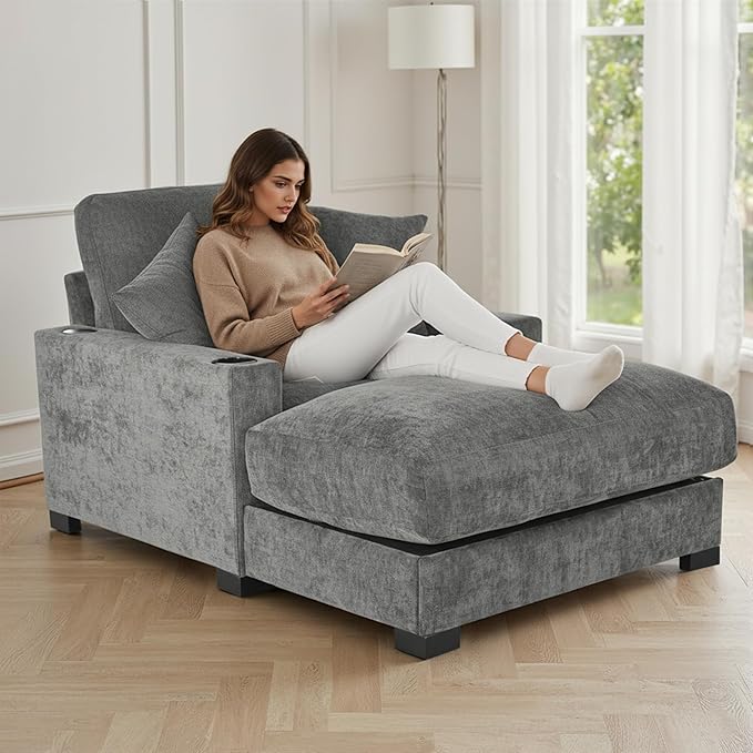 41 Inches Chaise Lounge Indoor Comfy Reading Chair with 2 PillowsUSB Charger Cup Holder Adjustable Backrest Sofa Bed Lazy Chair Sleeper Couch for Apartment Grey Polyester