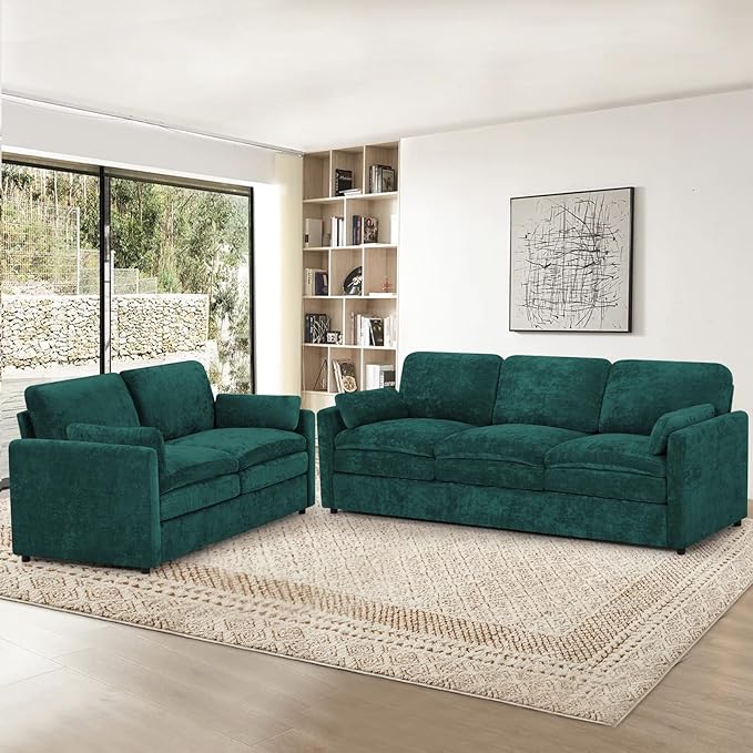 2 Pieces Chenille Sofa Set w/Arm Pillows Upholstered Loveseat &amp 3 Seater Sofa w/Comfortable Back Cushions Modern 2-Seat &amp 3-Seat w/High-Density Foam for Living Room Apartment Teal