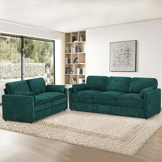 2 Pieces Chenille Sofa Set w/Arm Pillows Upholstered Loveseat &amp 3 Seater Sofa w/Comfortable Back Cushions Modern 2-Seat &amp 3-Seat w/High-Density Foam for Living Room Apartment Teal