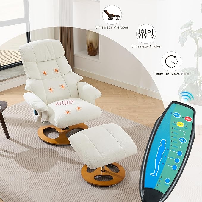 FOXHUNTER Chenille Recliner Chair with Ottoman Modern Massage Swivel Lounge 360° Swivel Rocker Recliner Comfy Modern Accent Arm Chairs for Living Room Bedroom (Chenille Ivory)