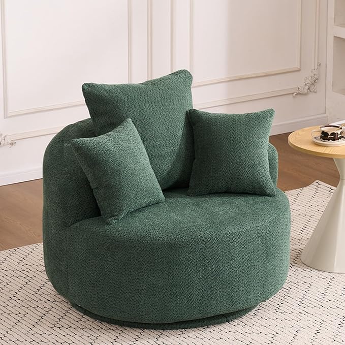 40” Greeen Round Swivel Chair with 3 Pillows &amp Thick Cushion Oversized 360° Swivel Accent Chair Modern Boucle Armchair for Nursery Living Room Bedroom Club