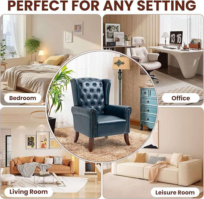Faux Leather Accent Chair Mid-Century Armchair Upholstered Club Sofa Chair with Wooden Legs High Back Living Room Chair for Bedroom Office Lounge (Blue)