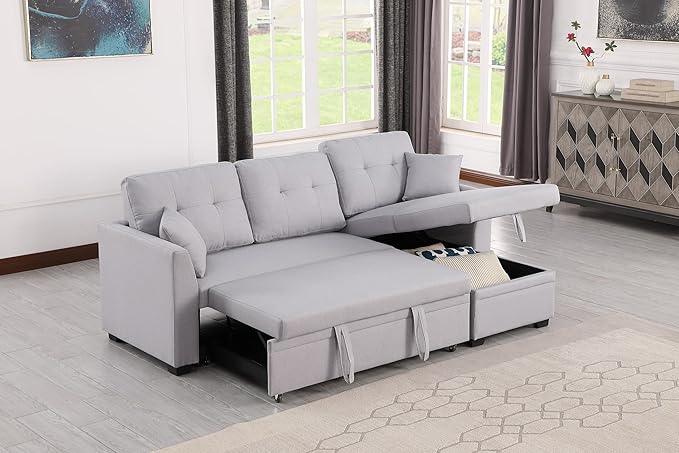 83 L-Shaped Sleeper Sectional Sofa with Storage Chaise &amp Cup Holders – Pull-Out Convertible Bed 3-in-1 Space-Saving Design for Apartments Modern Linen Fabric Easy Assembly