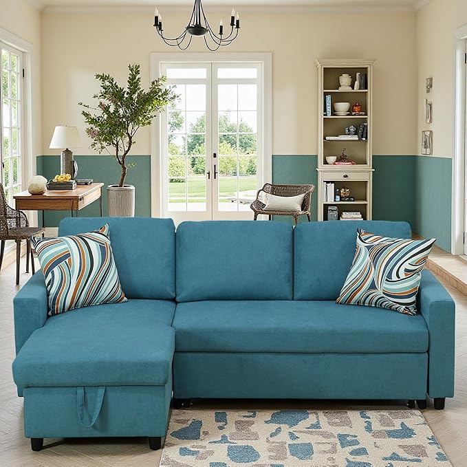 Sleeper Sofa Couch 2 in 1 Pull Out Couch Bed with Storage Chaise Small L Shaped Sectional Sleeper Sofas Bed Convertible Pullout Sofa for Living Room Blue