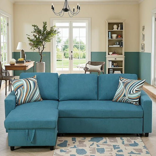 Sleeper Sofa Couch 2 in 1 Pull Out Couch Bed with Storage Chaise Small L Shaped Sectional Sleeper Sofas Bed Convertible Pullout Sofa for Living Room Blue