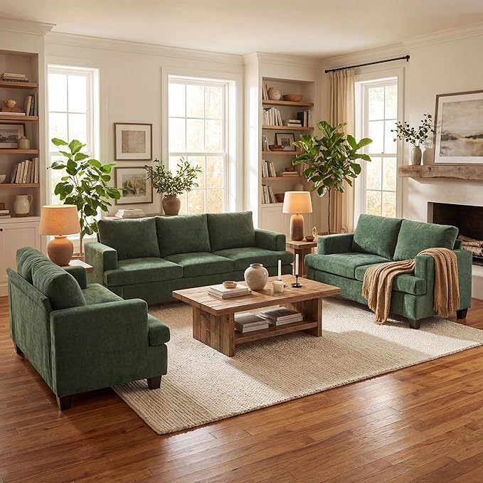 YOUDENOVA Sofa Couch 3 Piece Set Comfy Sofa 2 Loveseat &amp 3 Seater Sofa with Deep Seats for Living Room Modern Sleeper Couch Green Chenille