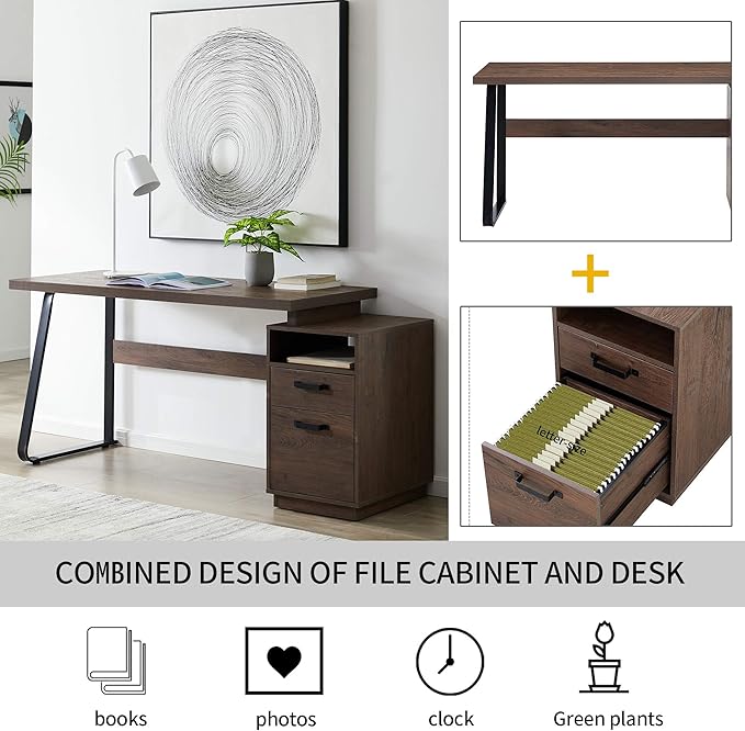 Home Office Computer Desk with Drawers/Hanging Letter-Size Files 65 inch Writing Study Table with Drawers