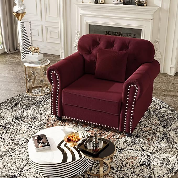 41.3 Burgundy Upholstered Velvet Sofa with Ottoman &amp Pillow Mid-Century Button Tufted Chesterfield Couch Nailhead Trim &amp Rolled Arms Bedroom or Living Room Accent Seating