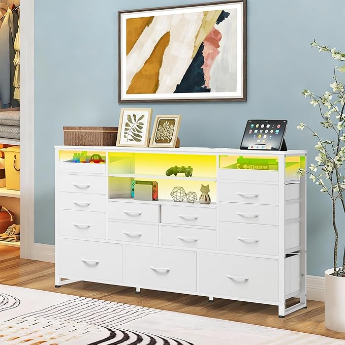 White TV Stand for 55 60 65 inch TV Entertainment Center with LED Lights &amp Charging Station TV Media Console Table with 15 Fabric Drawers and Open Shelves for Living Room Hallway