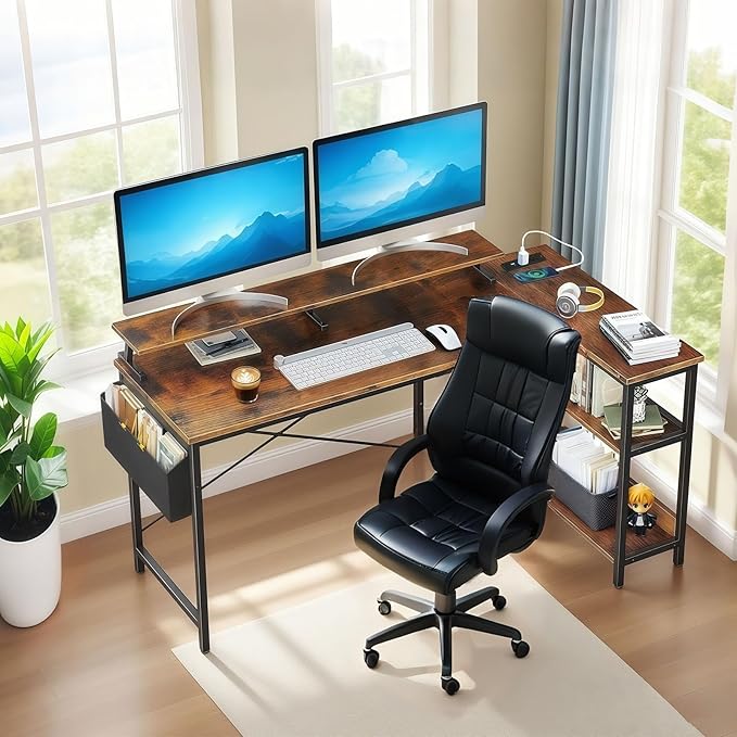 47'' L Shaped Gaming Desk with Power Outlets Reversible Corner Computer Desk with Monitor Stand Storage Shelves Side Bag Home Office Desks for Home Office Gaming (Black+Brown 47 Inch)