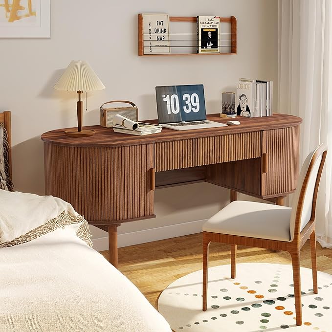 ORRD Home Office Oval Desk with Sliding Tambour Door and Drawer Modern Fluted Wood Executive Computer Storage Desk for Study Living Room Bedroom Office - Walnut