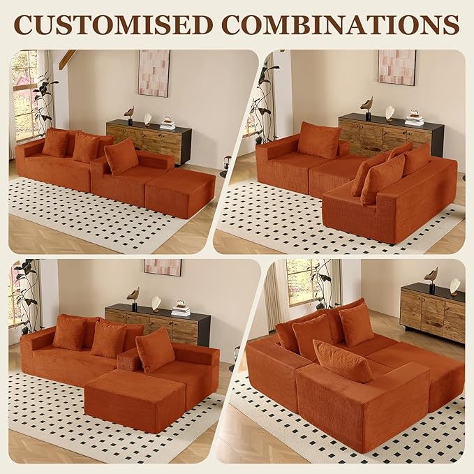INGEROOM 108 Cloud Sectional Couch with Deep Seat Modular Sofa Memory Foam Boneless Sofa with Movable Ottoman Upholstered Couches for Living Room Bedroom No Assembly Required Orange