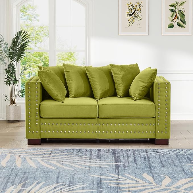 60.5W Loveseat Sofa Velvet Mid Century Modern Couch with Storage Upholstered Deep Seat Chesterfield Couch with Nailhead Trim &amp Pillows 2-Seat Comfy Sofa for Living Room Bedroom Apartment(Gre