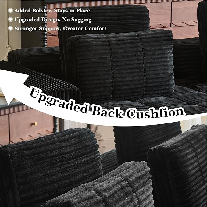 Modular Sectional Sofa with Movable Handrails Straight-Row Boneless Sofa Sectional Couch for Living Room Deep Seat Memory Foam Faux Rabbit Fur Fabric Sofa No Assembly Required(Black)