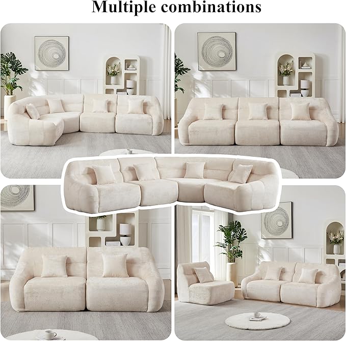 123 Oversized Boneless Chenille Curved Corner Sectional Sofa Modern Luxury 4 Pillows Modular Cloud 4-Seater Sofa High-Back Couch for Living Room (Beige)