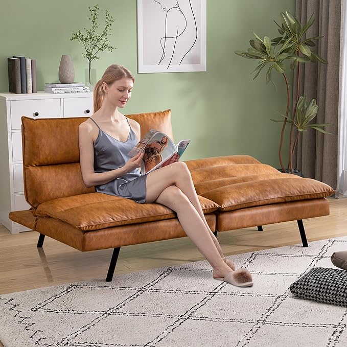 Memory Foam Futon Sofa BedFaux Leather Futon CouchConvertible Armless FutonsSmall Splitback Loveseat Sleeper Sofa Bed for Living RoomOfficeApartmentMedium Brown