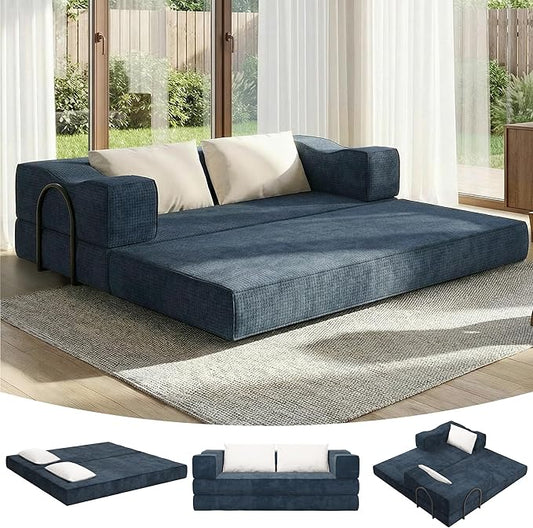 80 Foldable Chenille Futon Sofa Bed 4-in-1 Convertible Couch with 2 Pillows King-Size Floor Lounger for Living Room Guest Room Dorm - No Assembly (Blue 80in)