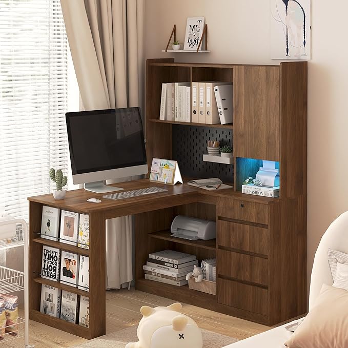 L-Shaped Home Office Desk with Hutch &amp Drawers Modern Corner Desk with LED Light &amp Bookshelf Wood Study Writing Table Gaming Computer Desk for Bedroom Home Wood