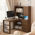 L Shaped Desk Home Office Corner Desk with Hutch &amp Drawers and Bookshelf Modern Study Table Writing Desk with LED Light Gaming Computer Desk with Storage (Wood-Right)