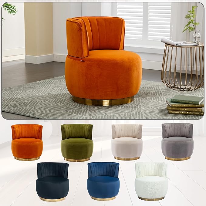 360° Swivel Barrel Accent Chair Orange Round Club Arm Chair with Metal Base Modern Single Sofa Seating Velvet Reading Seat in for Living Room Bedroom Office (Orange)
