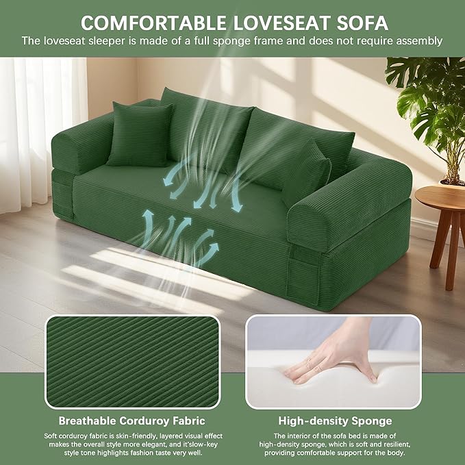 83 Modern Sofa in a Box No Assembly Oversized 3 Seater 28 Deep Seat Cloud Sofa Bed Couch with 4 Furry Pillows &amp Corduroy Fabric Boneless Couch with Side Storage Pockets for Living Room Green