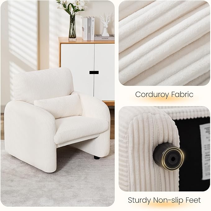 Modern Accent Chairs Set of 2 Comfy Upholstered Corduroy Armchair Stylish Lounge Reading Chair for Living Room Bedroom Beige