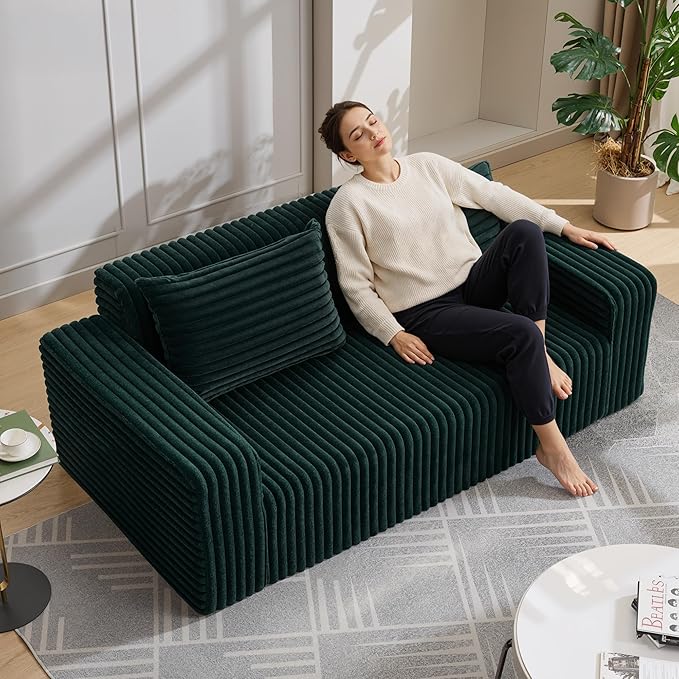 Boneless Couch Sofa 2-Seater Foam Sofa Love Seat Furry with 2 Pillows &amp 2 Side Pockets for Living Room (Green)