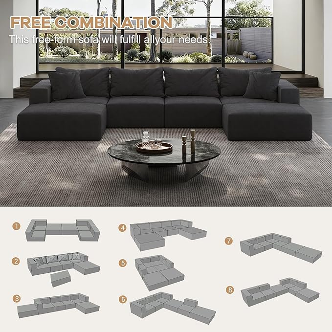 197” Modular L-Shaped Sectional Sofa Cloud Chenille Couch with 6 Pillows No-Assembly Customizable Sofa for Living Room &amp Bedroom Gray