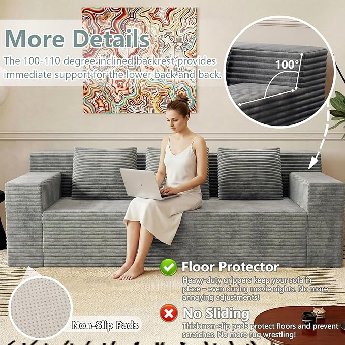 71 Cloud Loveseat SofaBoneless Deep Seat 2-Seater with 3 Pillows&ampSide PocketNo Assembly Foam Floor CouchPlush Corduroy Living Room Sofa for Small Space Apartment(Flat HandrailLight Grey)