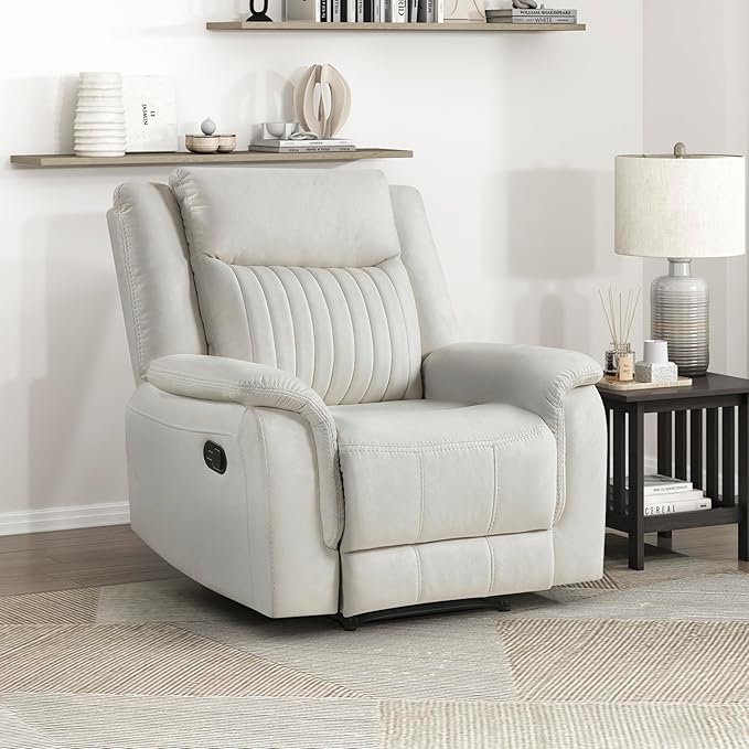 Lexicon Manual Recliner Chair Polished Microfiber Reclining Sofa Chair Home Theater Seating Wall Hugger Manual Recliner for Living Room/Office/Apartment Beige