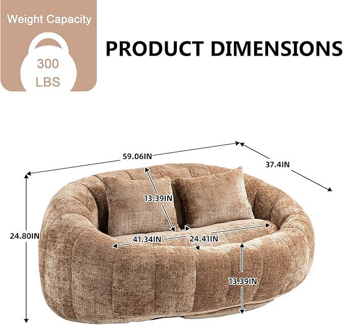 Bean Bag Sofa Comfy Loveseat Sofa with 2 Pillows Soft Giant Bean Bag Chair Cozy Round Lazy Sofa with Wide Backrest for Living Room Reading Room and Bedroom Coffee