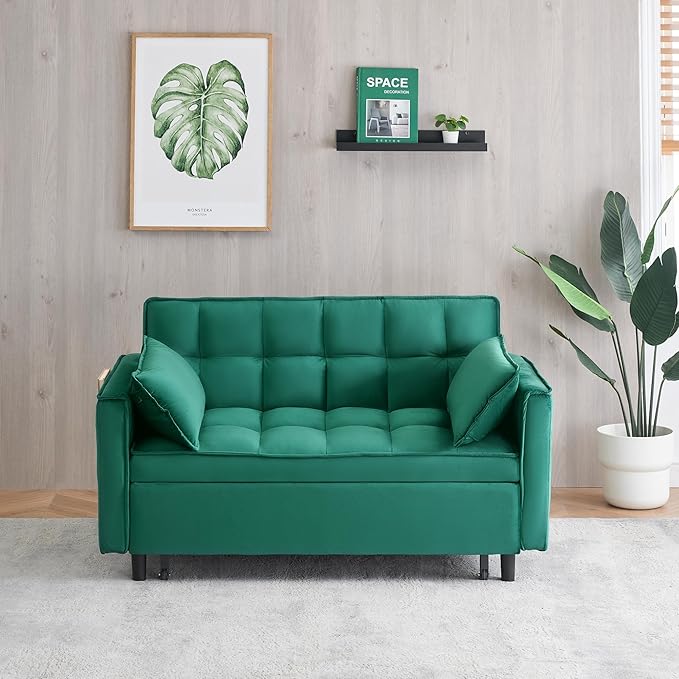 55 Sleeper Loveseat3 in 1 Sofa BedPull Out Couch Bed with 2 Pillows and Side PocketsVelvet Convertible Bed for Small Spaces Living Room (Green)