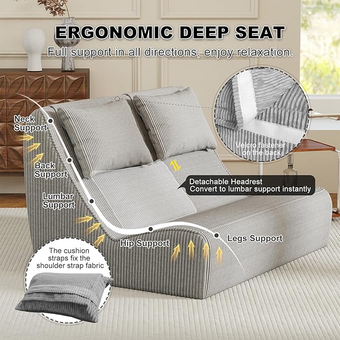 Giant Bean Bag Chair for Adults - Indoor Chaise Lounge with Pillows &amp Ottomans Upholstered Loveseat Floor Sofa Chair for Reading Gaming Napping and Movies (Gray)