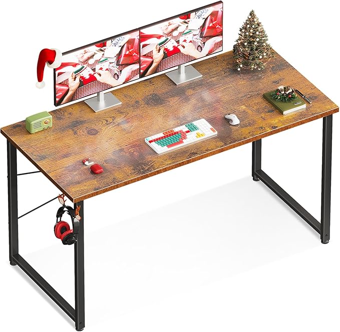 Casaottima 48 Inch Small Computer Desk for Home Office Study Writing Table for Small Spaces Simple Modern Desk with Headphone Hooks Rustic Brown