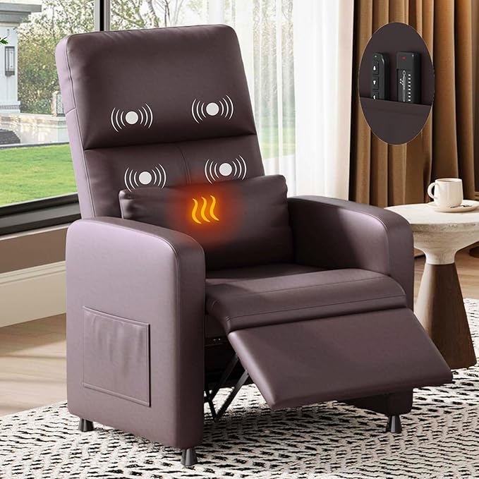 Power Recliner Chair with Heat &amp Massage Adjustable Electric PU Leather Single Sofa Ergonomic Tall-Back Padded Seat Home Theater Seating Recliner for Living Room