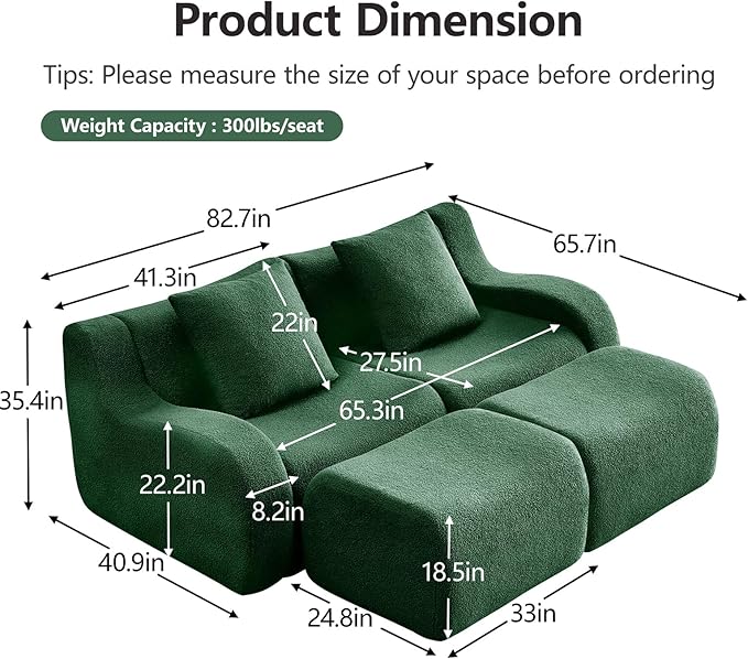 Green Modular Cloud Couch Loveseat with 2 Ottomans Modern Teddy Fabric Boneless Sectional Sofa in a Box for Living Room Deep Seat Floor Couch No Assembly Required Sofas para Sala