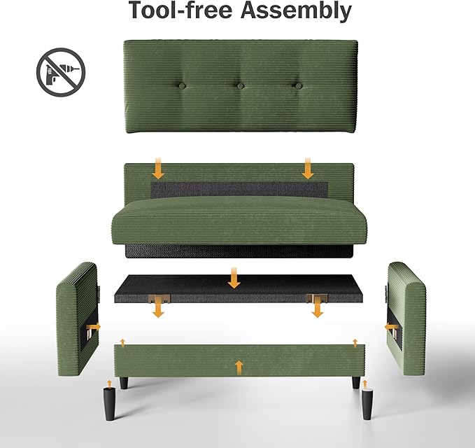 Vipbear 50 Small Loveseat Sofa Small Couch for Living Room Bedroom Office Comfy Love Seat with Deep Seat Spring Cushion Solid Wood Frame Tool-Free Assembly Green Corduroy