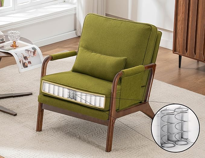 Mid Century Modern Chair Set of 2 Upholstered Lounge Arm Chair with Solid Wood Frame Comfy Accent Chair for Living Room Bedroom Reading ReceptionGreen
