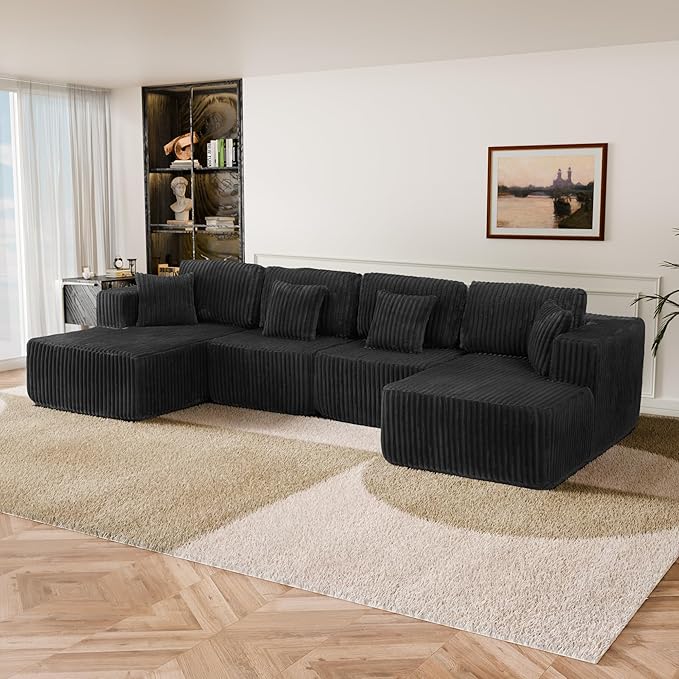 132 U Shaped Couch Modular Sectional Sofa with Chaise Corduroy U Shaped Boneless Couch with Deep Seat Upholstered Modular Cloud Sofa for Living Room No Assembly Required Black