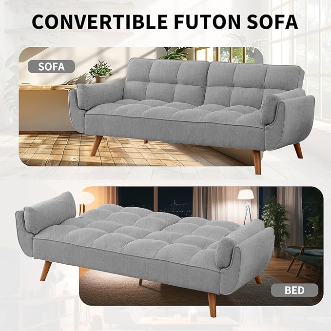 Convertible Futon Sofa Bed Linen Sleeper Couch 75 W Modern 3 Seater Tufted Sofa with Adjustable Backrests and Solid Wood Legs for Living Room Bedroom Small Space Gray