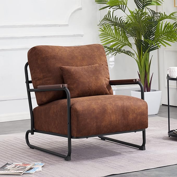 MCombo Modern Accent Chairs Upholstered Reading Chair Wooden Armrests Guest Chair for Living Room Bedroom Office HQ102 (2 Saddle)