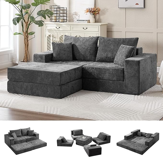 79 Boneless Cloud Loveseat Sofa Couch Modular Foldable Floor Sofa with Ottoman Chenille Lounge Convertible Sofa Bed for Living Room No Assembly Dark Grey
