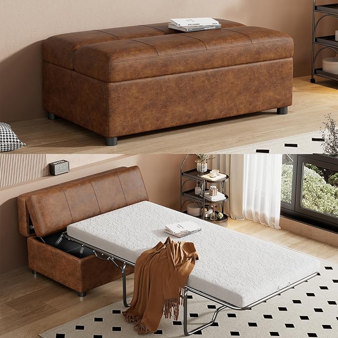 46 Ottoman Folding Bed Twin Size Convertible Ottoman Pull Out Bed with Memory Mattress Foldable Sofa Beds Dual Use Guest Sleeper Couch for Living Room Bedroom Guest Room RV (Brown+PU)