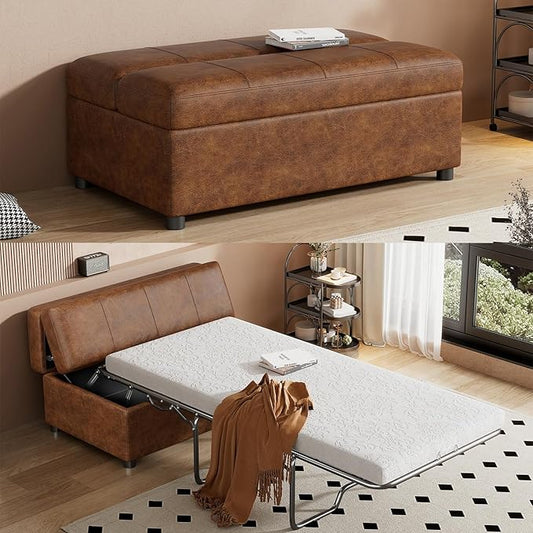 46 Ottoman Folding Bed Twin Size Convertible Ottoman Pull Out Bed with Memory Mattress Foldable Sofa Beds Dual Use Guest Sleeper Couch for Living Room Bedroom Guest Room RV (Brown+PU)