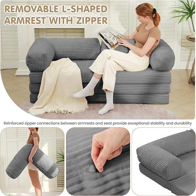 5-in-1 Convertible Sofa Bed76 Boneless Couch Tri Folding Floor Mattress with Removable L-Shaped Armrests &amp HandleCorduroy Futon Couch Sleeper with Pull Out Bed for Living Room Bedroom Apartment